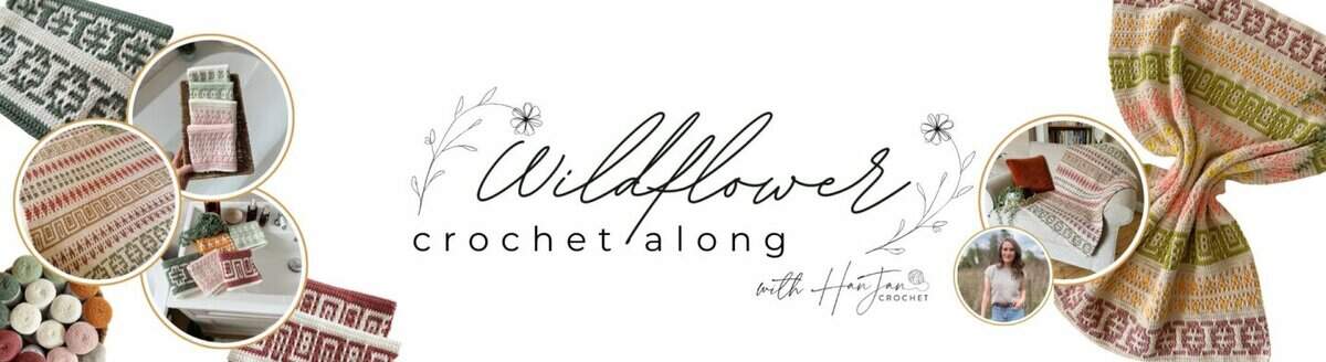 Banner for Wildflower Crochet Along featuring yarn, crochet projects, hooks, and a woman holding a finished colorful crocheted blanket.