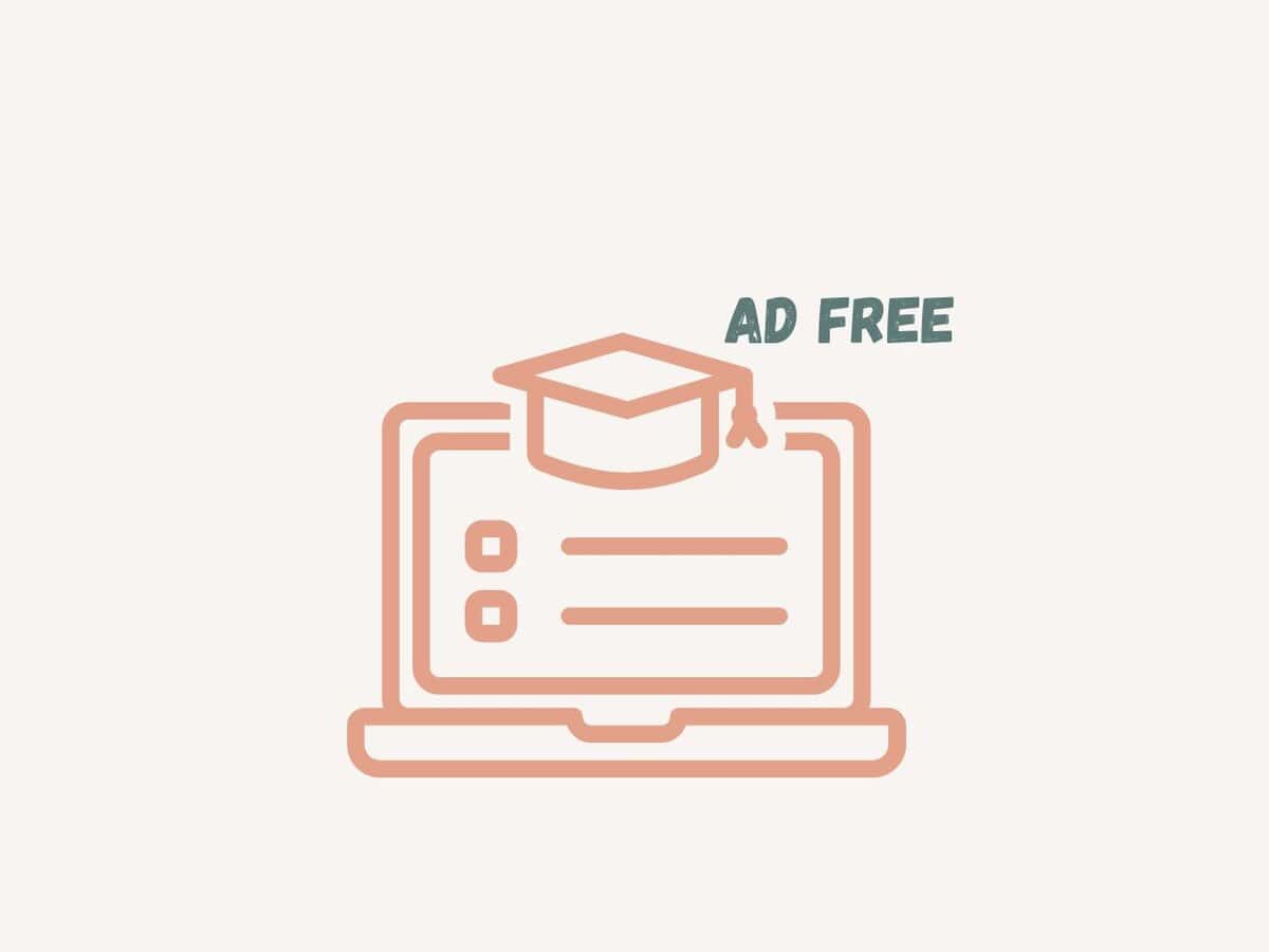 Outlined icon of a laptop with a graduation cap on top and the text "AD FREE" above it, indicating an ad-free educational platform.