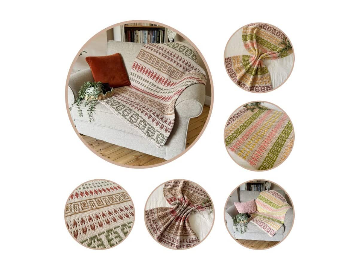 A crochet patterned blanket with geometric designs in earthy tones, displayed draped over a couch and shown in close-up detail from multiple angles.