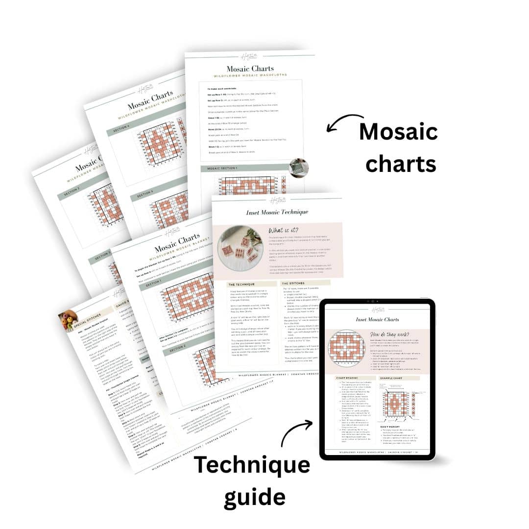 A set of printed mosaic charts and a technique guide are shown, along with the guide displayed on a tablet. Arrows label "Mosaic charts" and "Technique guide.