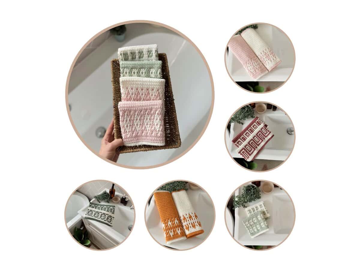 Collage of seven images showing various hand-knitted washcloths in different colors and patterns, displayed on a basket and laid out near a bathroom sink.
