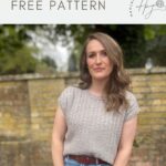 Woman wearing a light grey crochet summer top and jeans stands in front of a brick wall; text above reads "crochet summer top pattern FREE PATTERN.