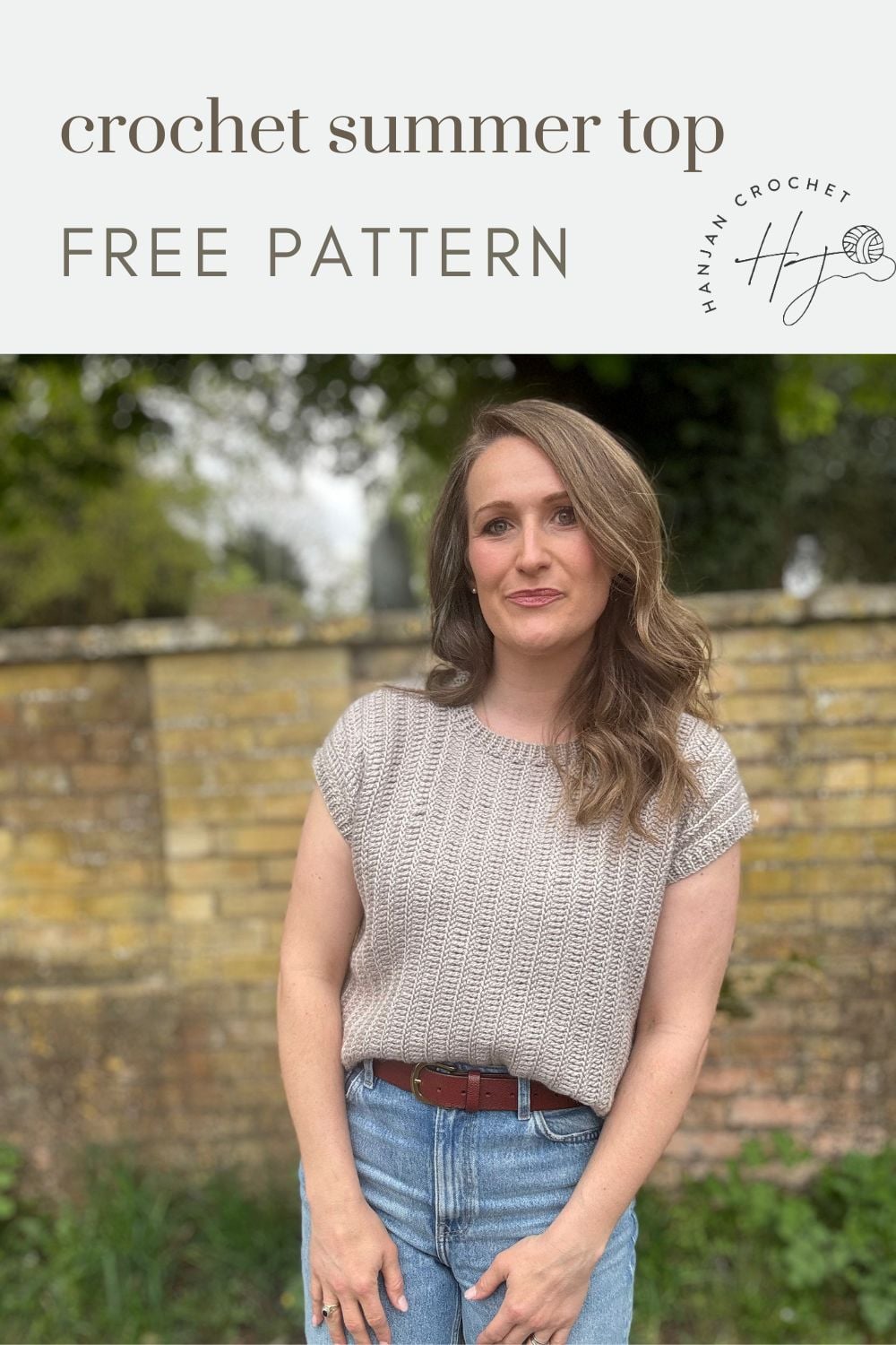 Woman wearing a light grey crochet summer top and jeans stands in front of a brick wall; text above reads "crochet summer top pattern FREE PATTERN.