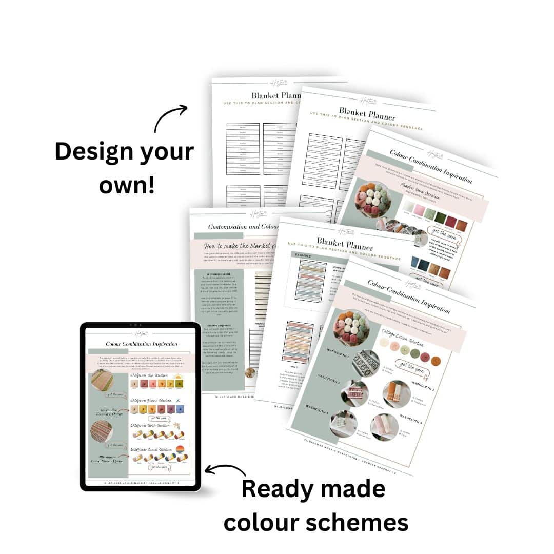 A digital tablet and several printed planner pages are displayed, showing blanket planning templates and color combination guides with sample swatches and instructions.