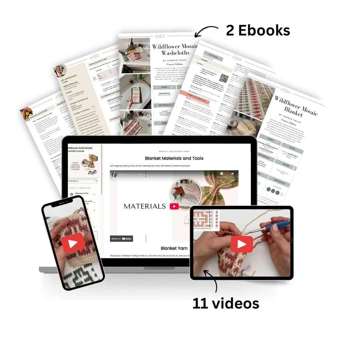 A display of 2 crochet pattern ebooks, a laptop and phone showing instructional videos, and images of materials and step-by-step guides. Text reads: “2 Ebooks” and “11 videos.”.