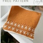 A folded orange and white crochet piece with a geometric pattern is displayed on a white surface. Text reads "inset mosaic crochet FREE PATTERN," showcasing this stunning inset mosaic crochet design.