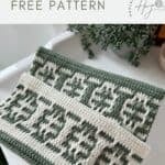 Two rectangular mosaic crochet pieces in green and white yarn are displayed on a white surface, with text promoting a free mosaic crochet blanket pattern by Hannah Crochet.