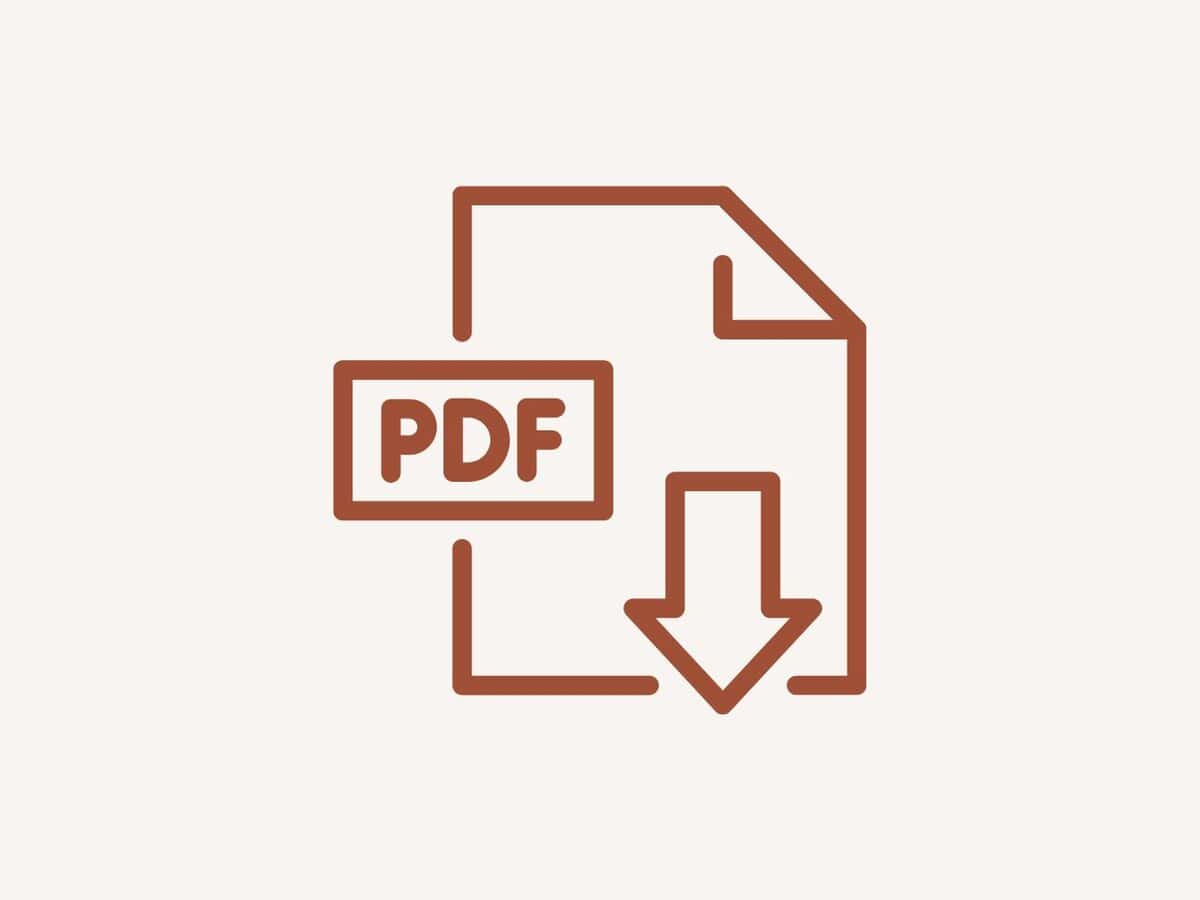 Simple line icon of a PDF document with a downward arrow, indicating a PDF file download.