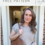 A woman wearing a short sleeve crochet top and holding a brown bag stands in a doorway. The text reads "crochet summer top pattern FREE PATTERN.