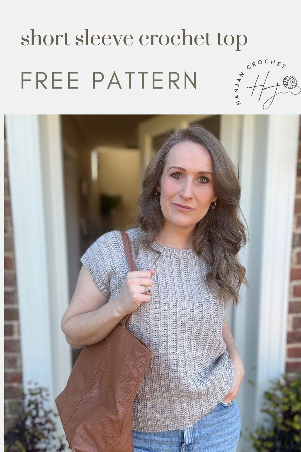 A woman wearing a short sleeve crochet top and holding a brown bag stands in a doorway. The text reads "crochet summer top pattern FREE PATTERN.