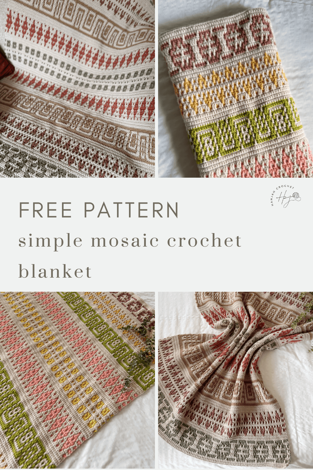 Collage showing a simple mosaic crochet blanket in red, green, mustard, and cream with geometric patterns, featuring a free mosaic crochet blanket pattern.