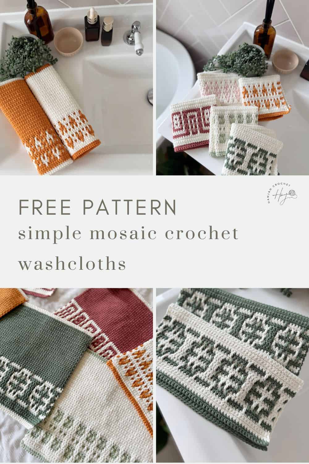 A collage showing various crochet washcloths with mosaic patterns in green, mustard, and burgundy, arranged near a sink and on a tiled surface. Text reads "Free Pattern: easy mosaic crochet pattern washcloths.