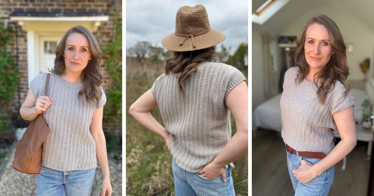Woman modeling a short-sleeved, light beige knit top inspired by a crochet summer top pattern in three poses: outdoors with a bag, outdoors from the back in a hat, and indoors with hands on hips.