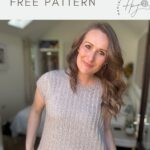 A woman wears a light beige, short-sleeve crochet summer top and jeans, standing indoors. Text above reads "trendy crochet top FREE PATTERN" with a crochet logo on the side.