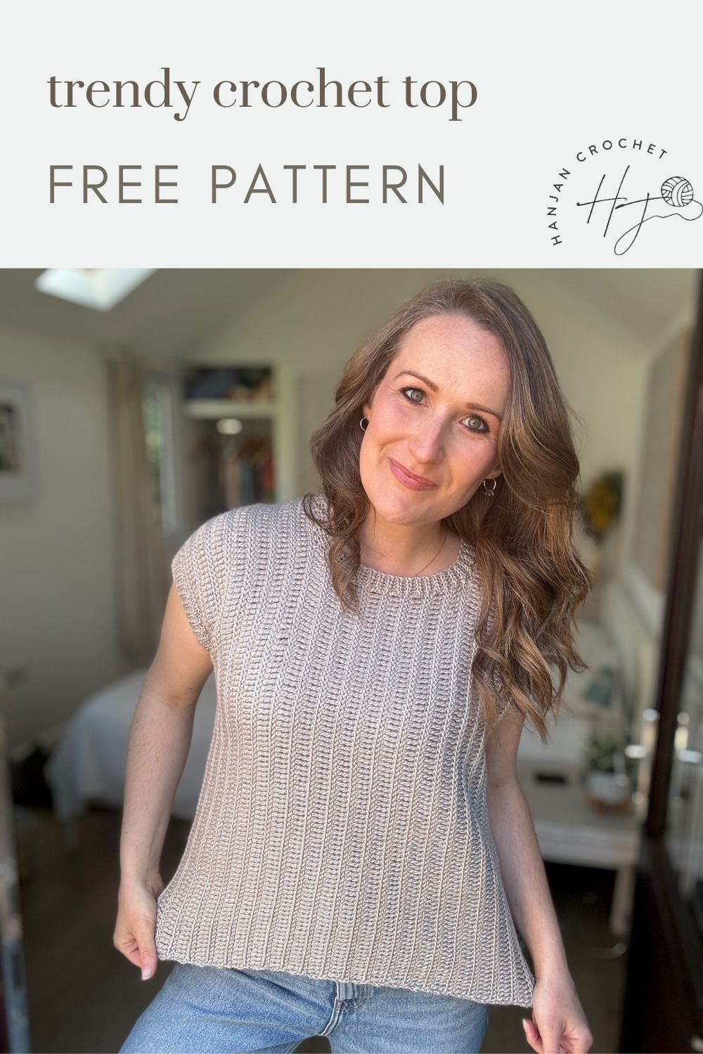 A woman wears a light beige, short-sleeve crochet summer top and jeans, standing indoors. Text above reads "trendy crochet top FREE PATTERN" with a crochet logo on the side.