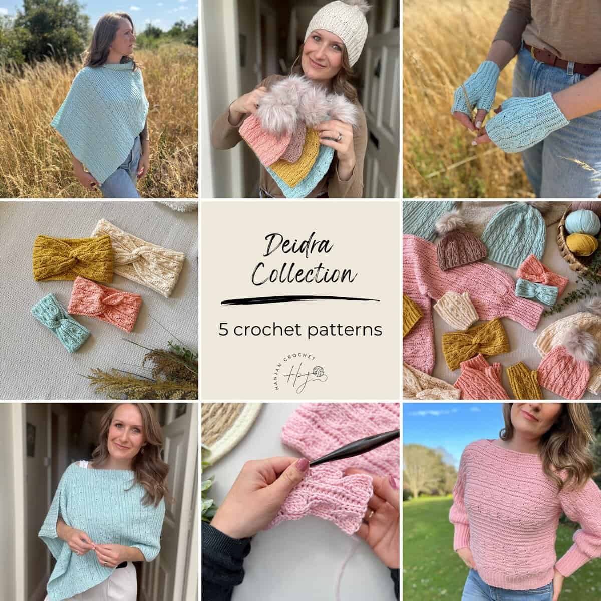 Collage showcasing the Deidra Collection, featuring five crochet patterns for hats, headbands, mitts, and ponchos in pastel colors, modeled by women and displayed flat.