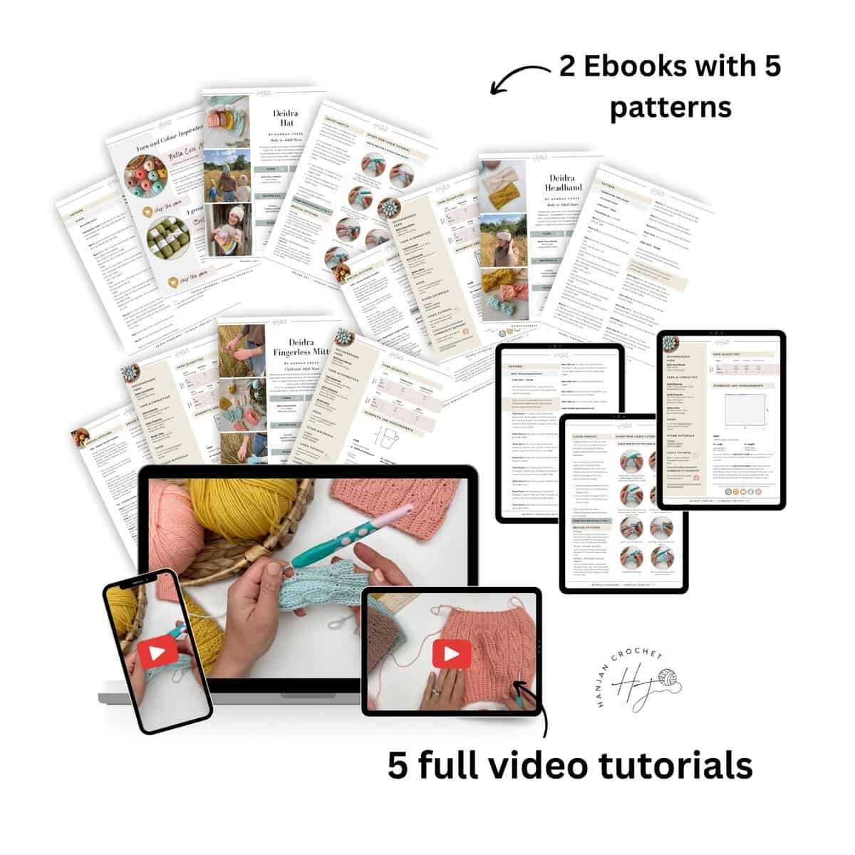 A display of crochet patterns and instructions, two ebooks with five patterns, and various devices showing five full video crochet tutorials.