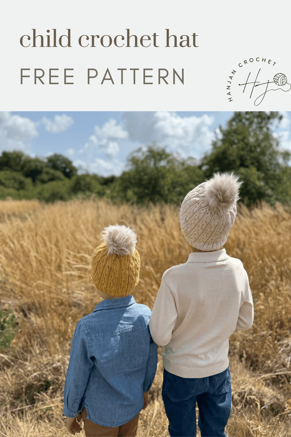 Two children wearing crocheted hats with faux fur pom-poms stand in a field, facing away. Text above reads "child crochet hat FREE PATTERN," featuring a crochet logo and highlighting an easy short row crochet hat pattern.
