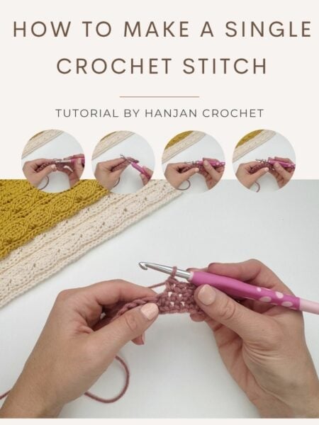 Hands using a pink crochet hook to make a single crochet stitch with pink yarn; step-by-step single crochet stitch tutorial images shown above.