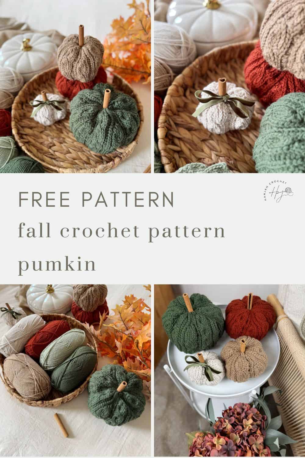 A collage shows crocheted pumpkins in green, beige, and orange surrounded by yarn balls, autumn leaves, and a basket. Text highlights a crochet pumpkin pattern free for you to download and enjoy this autumn.