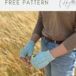 Person wearing blue crochet fingerless gloves stands in a field of tall grass; text reads "crochet fingerless mittens pattern free" with a crochet logo in the corner.