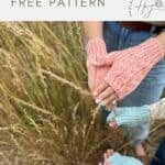 Three people wear crocheted fingerless mittens in pink, blue, and cream colors, holding dried grass outdoors. Text reads "crochet fingerless mittens pattern free.