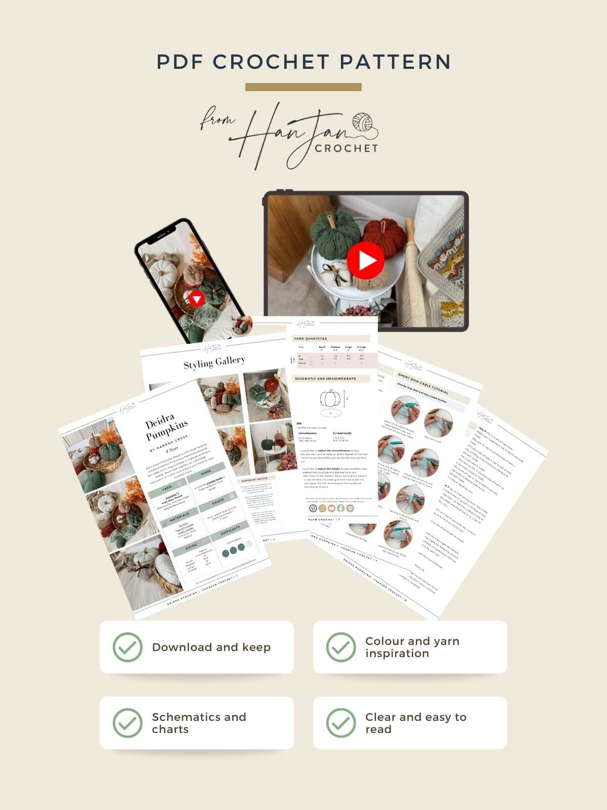 Preview of a PDF crochet pumpkin pattern free, showing printed pages, a phone, and a tablet, with icons highlighting features like downloadable content, charts, and easy-to-read instructions.