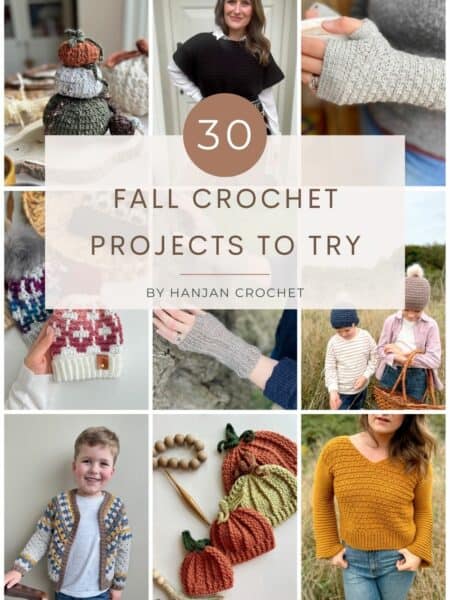 A collage showcases cozy fall crochet projects, including pumpkins, sweaters, hats, mittens, and a bag, with a central banner reading "30 Fall Crochet Projects to Try.