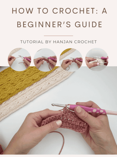 Person holding crochet hook and yarn, demonstrating how to crochet step by step, with finished crochet pieces in the background; text reads "How to Crochet: A Beginner’s Guide.