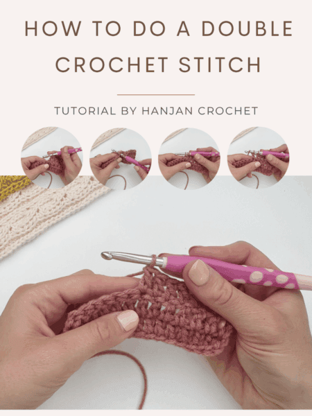 Step-by-step tutorial showing hands using a crochet hook and pink yarn to demonstrate how to do a double crochet stitch for beginners.