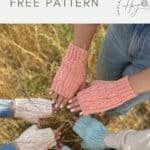 Five people display hand-crocheted fingerless gloves in various pastel colors while standing in a field of tall grass. Text reads "crochet fingerless mittens pattern free.