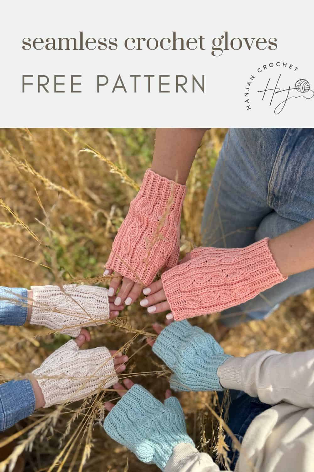 Five people display hand-crocheted fingerless gloves in various pastel colors while standing in a field of tall grass. Text reads "crochet fingerless mittens pattern free.