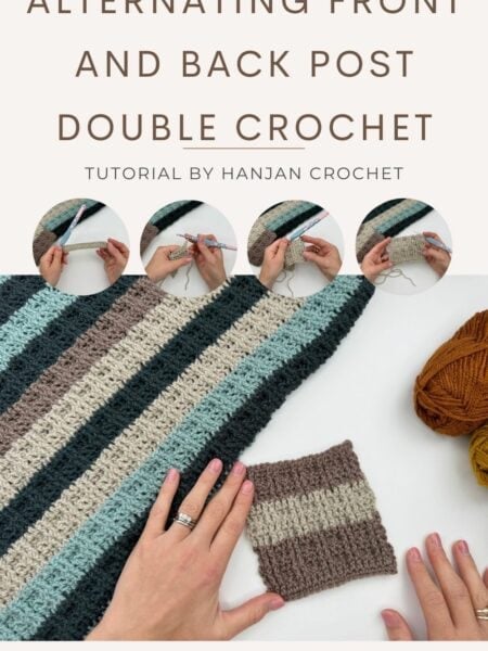 Hands demonstrate alternating front and back post double crochet on striped crochet fabric, showcasing the unique texture created by this technique; yarn balls and a finished swatch nearby. Tutorial by HanJan Crochet.