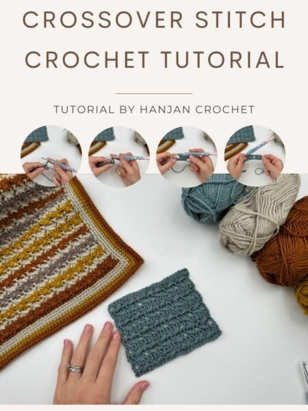 Top-down view of a crochet tutorial setup with yarn, crochet samples, and hands demonstrating steps, featuring the text "Crossover Stitch Crochet Tutorial" by Hanjan Crochet.