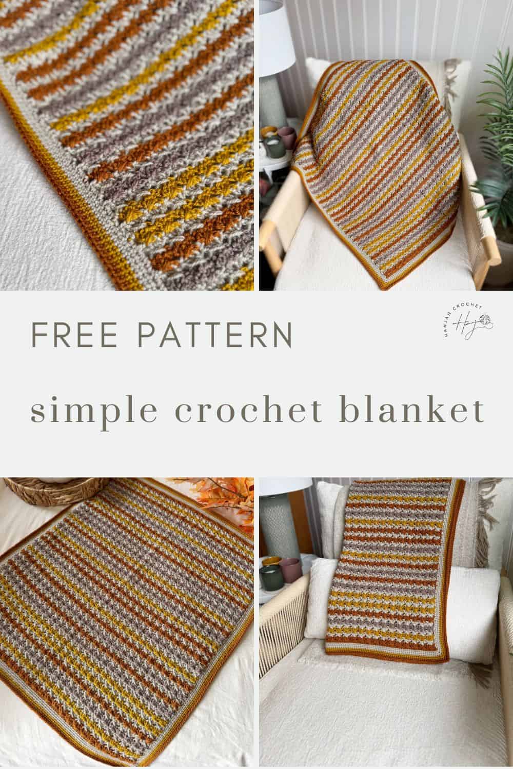 Collage of four images showing a striped crochet blanket in neutral tones, draped over chairs and a bed. Text reads: "Free Pattern: Simple Crochet Blanket Pattern.