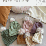 Six crocheted hats in various pastel colors with faux fur pom-poms are displayed on a bed next to pillows. Text reads: "worsted weight puff stitch crochet hat pattern FREE PATTERN.
