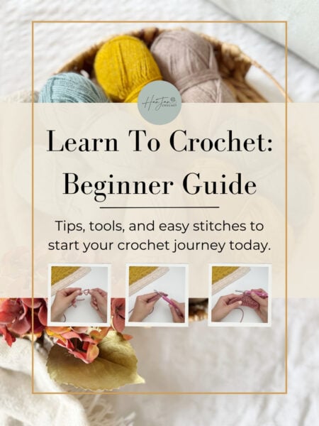 A basket of yarn with “Learn To Crochet: Beginner Guide” text, tips on how to crochet, and three small photos showing crochet steps, surrounded by flowers.