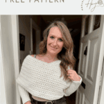A woman stands in a doorway wearing a white crocheted bridal shrug over a gray top and black jeans. Text above reads "bridal shrug crochet sweater scarf pattern FREE" with a crochet logo on the right.
