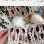 Three handmade child-size mosaic crochet beanies with pom-poms are displayed on a white surface, accompanied by the text "child crochet hat CROCHET PATTERN.