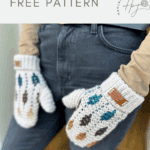 Person wearing crocheted gloves with multicolored patterns, standing with hands in pockets. Text above says "crochet gloves pattern" and "mosaic crochet mittens pattern FREE PATTERN".