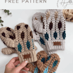 Three pairs of crocheted children's mittens with colorful patterns are displayed on a white surface; a hand holds one mitten. Text reads "mosaic crochet mittens pattern children FREE PATTERN.