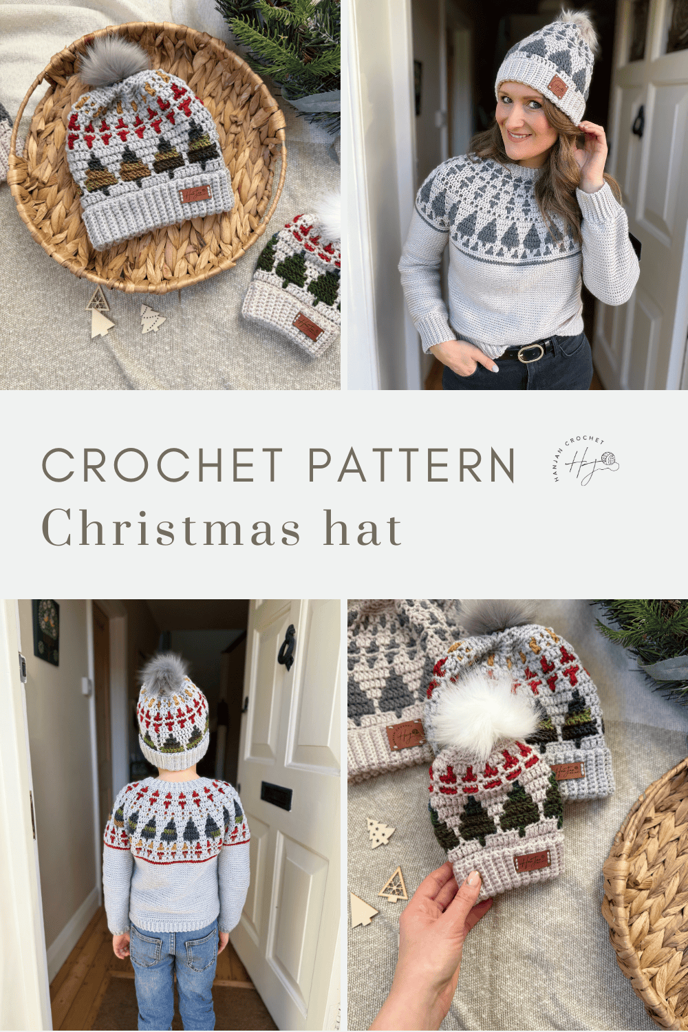 Crocheted Christmas hat and matching sweater featuring a tree pattern, shown on a woman and child, with the christmas tree crochet hat pattern displayed on a woven tray beside festive decorations.