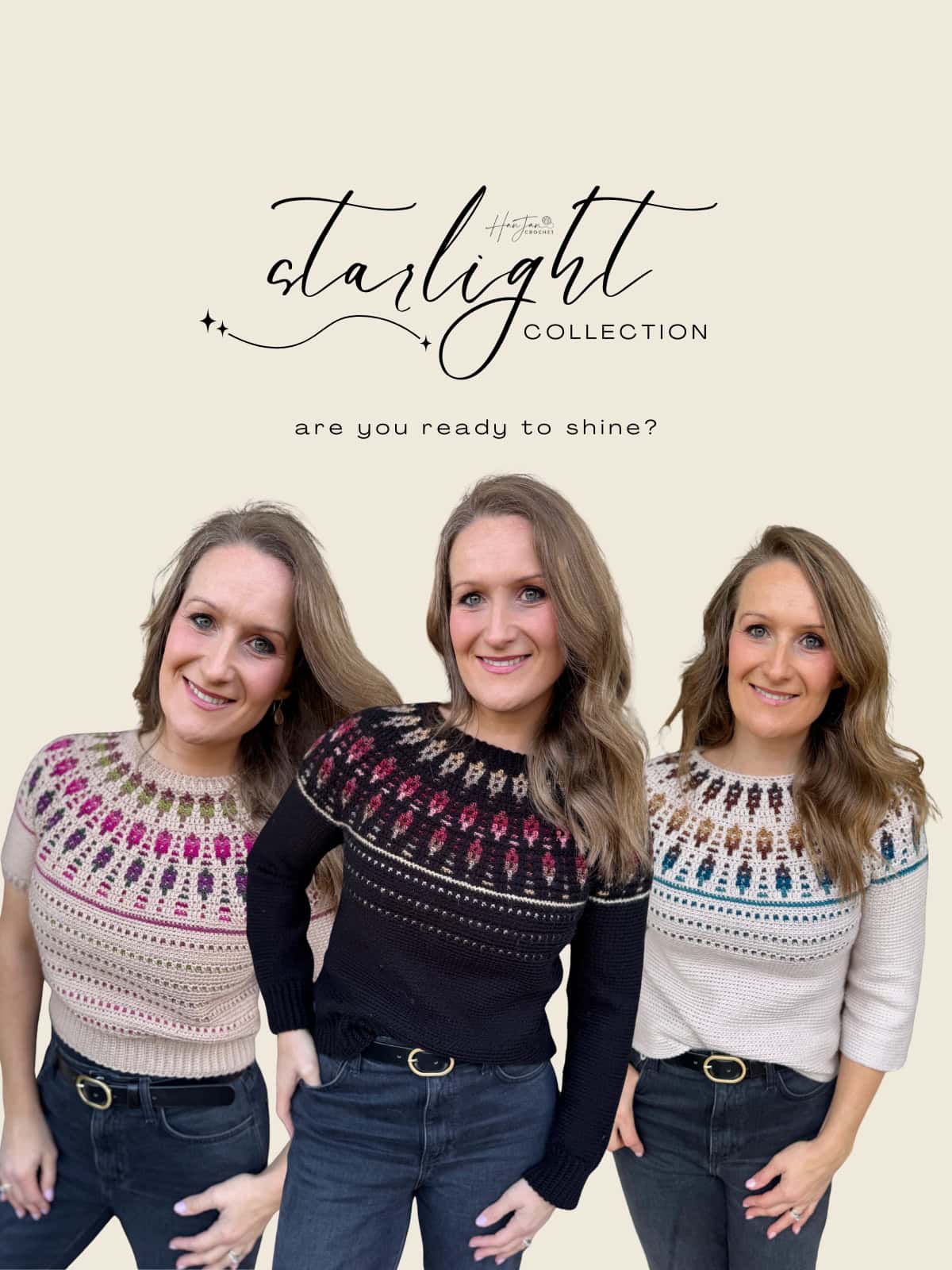 Three women wear knit sweaters with colorful yoke patterns, standing in a row. Text above reads "starlight collection" and "are you ready to shine?" on a beige background.