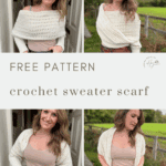 Collage showing a woman modeling a cream-colored crochet sweater scarf in different ways, with text reading "Crochet Sweater Scarf Pattern Free.