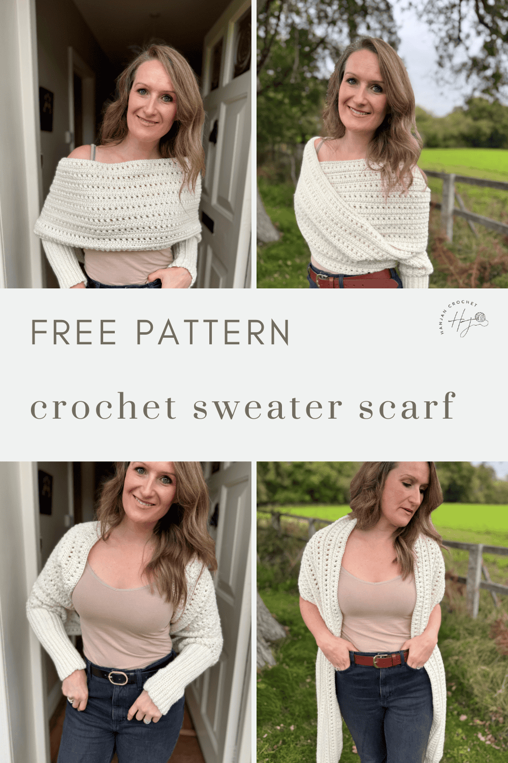 Collage showing a woman modeling a cream-colored crochet sweater scarf in different ways, with text reading "Crochet Sweater Scarf Pattern Free.