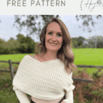 Woman standing outdoors wearing a cozy crocheted sweater scarf, with text promoting a crochet sweater scarf pattern free from Hannah Crochet.