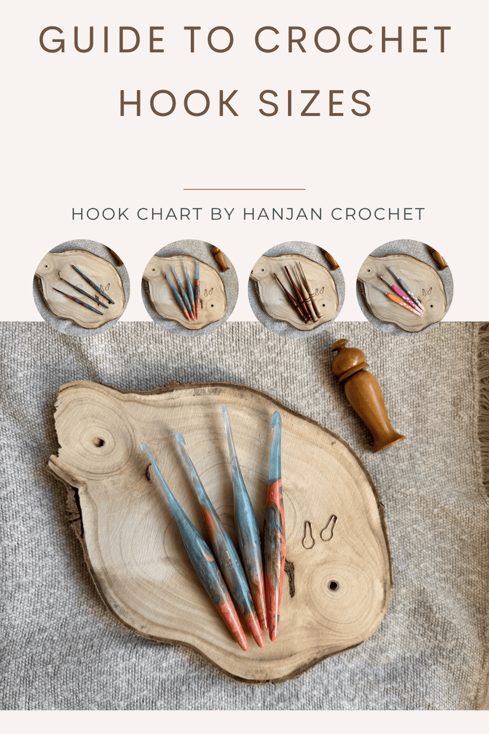 A wooden tray displays three colorful crochet hooks in different crochet hook sizes, two stitch markers, and a wooden case, with smaller images showing various hook arrangements above.