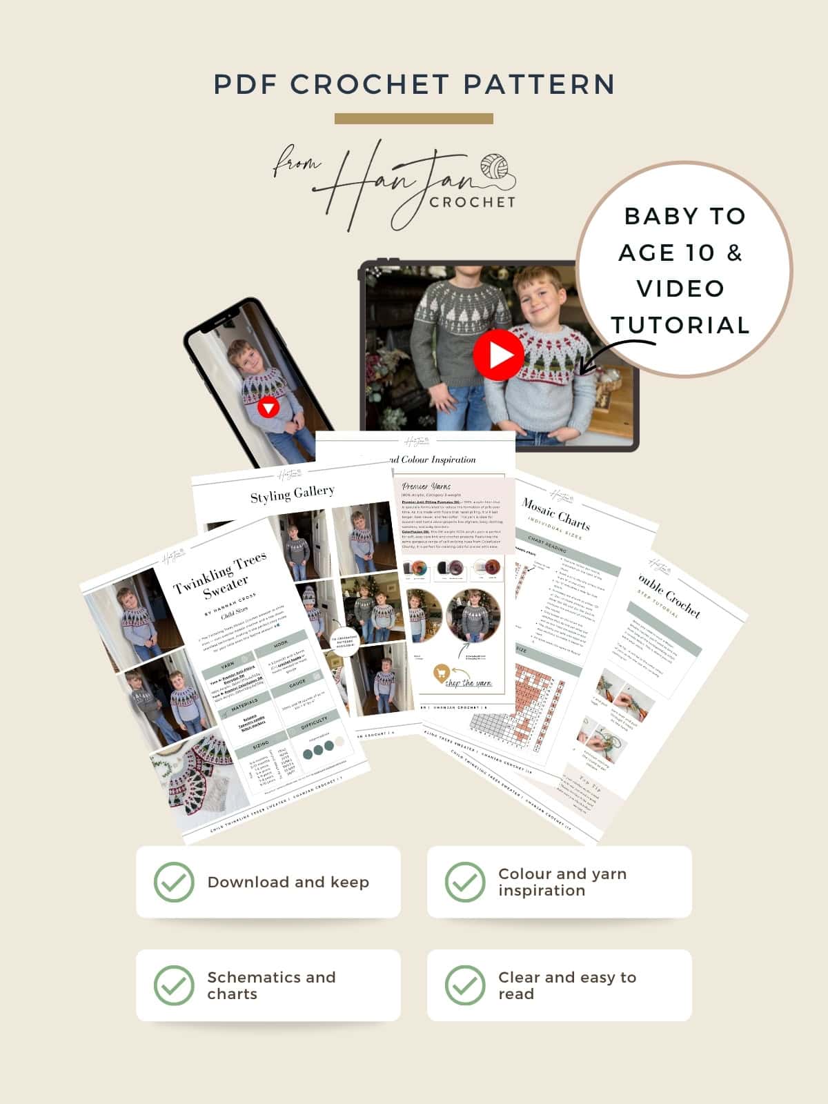 PDF crochet pattern promotional image featuring a cozy crochet Christmas sweater, printed pattern pages, screenshots of video tutorials, and icons highlighting features like downloadable guides, charts, and festive color inspiration.