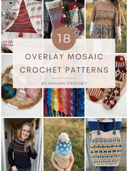 A collage of crochet projects—blankets, sweaters, hats, mittens, and a bag—with text overlay: "18 Overlay Mosaic Crochet Patterns by HanJan Crochet," showcasing beautiful overlay mosaic crochet patterns.