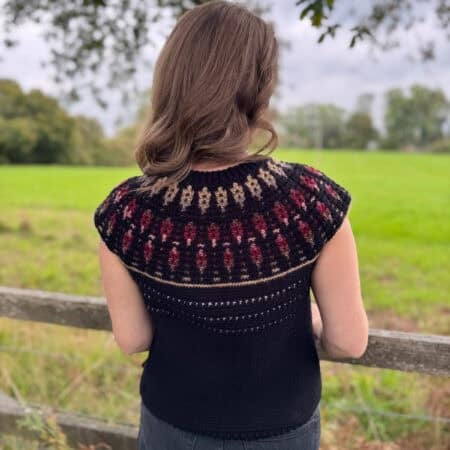 A person with shoulder-length brown hair faces a green field, wearing a black sleeveless knit top with a colorful yoke inspired by a mosaic crochet sweater pattern.